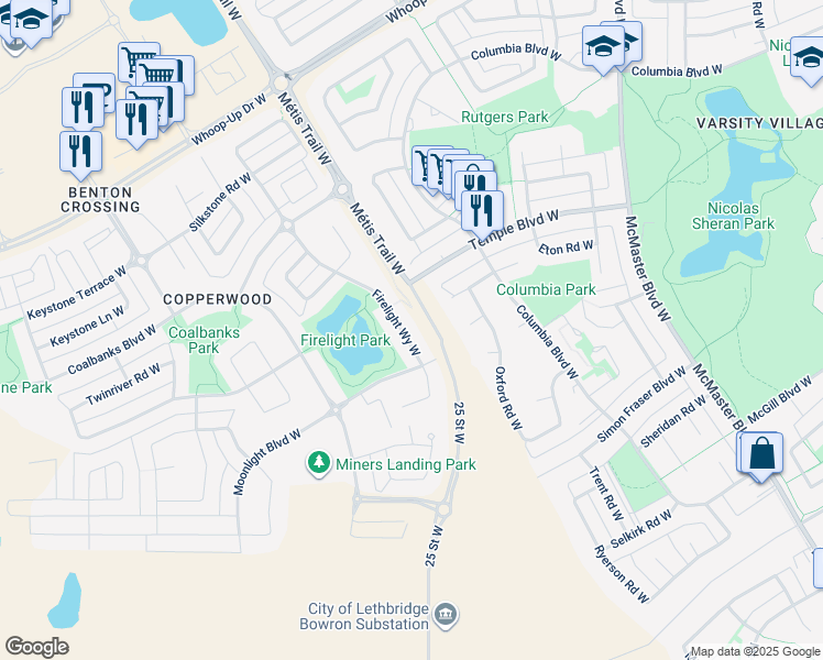 map of restaurants, bars, coffee shops, grocery stores, and more near 107 Firelight Way West in Lethbridge
