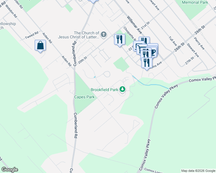 map of restaurants, bars, coffee shops, grocery stores, and more near 2563 Brookfield Drive in Courtenay