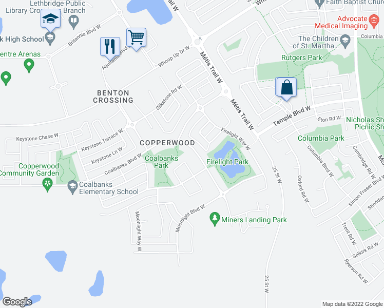 map of restaurants, bars, coffee shops, grocery stores, and more near 1608 Coalbanks Boulevard West in Lethbridge