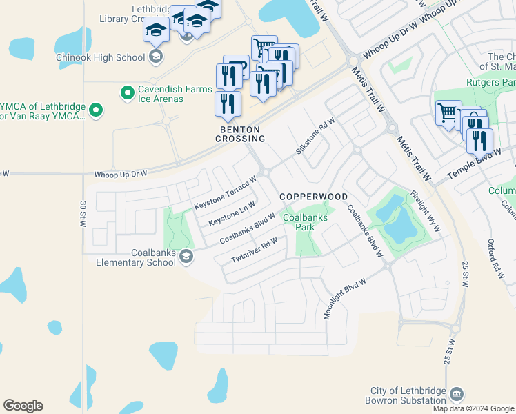 map of restaurants, bars, coffee shops, grocery stores, and more near 246 Keystone Lane West in Lethbridge