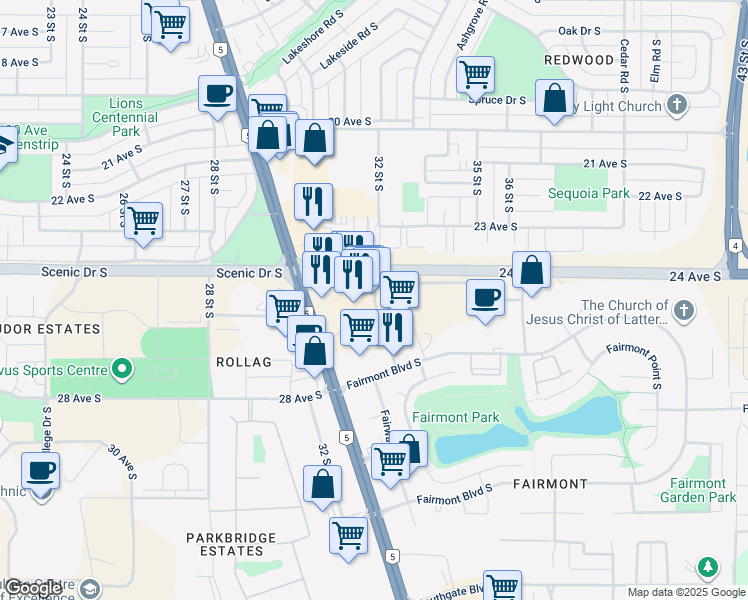 map of restaurants, bars, coffee shops, grocery stores, and more near 2430 Fairway Plaza Road South in Lethbridge