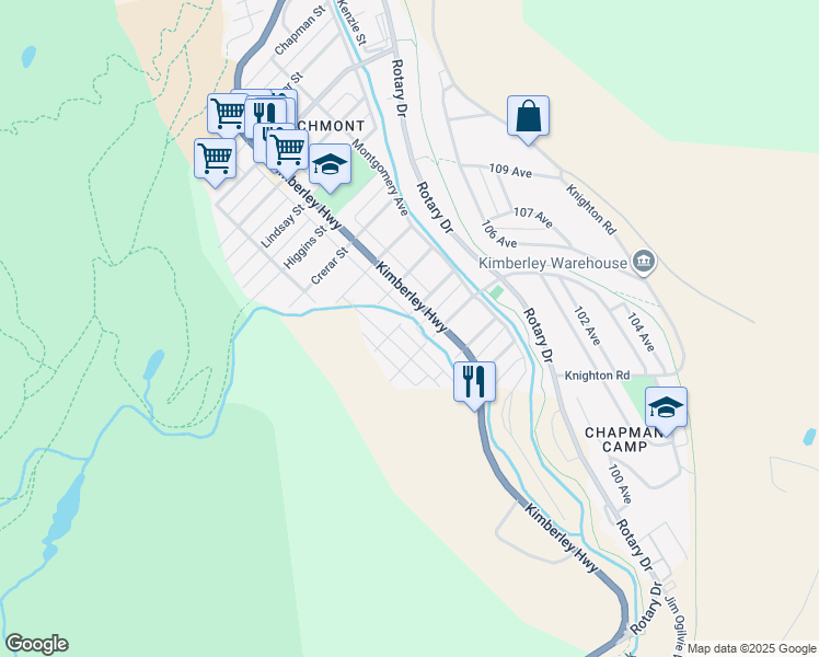 map of restaurants, bars, coffee shops, grocery stores, and more near 250 Banks Street in Kimberley