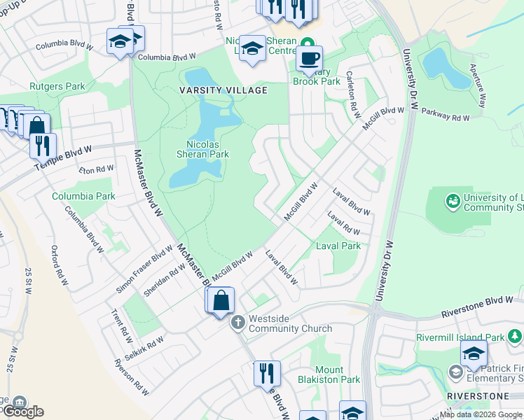 map of restaurants, bars, coffee shops, grocery stores, and more near 18 Queens Road West in Lethbridge