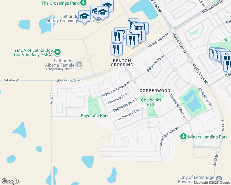 map of restaurants, bars, coffee shops, grocery stores, and more near 54 Keystone Terrace West in Lethbridge
