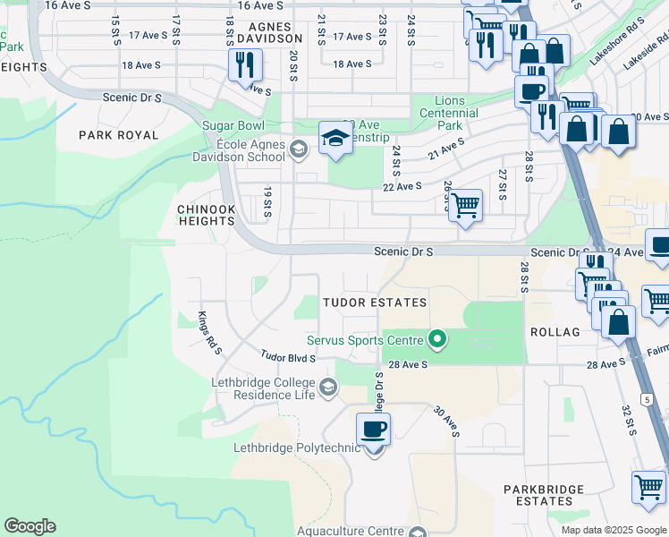 map of restaurants, bars, coffee shops, grocery stores, and more near 2202 26 Avenue South in Lethbridge