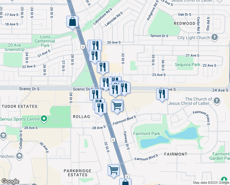 map of restaurants, bars, coffee shops, grocery stores, and more near 2430 Fairway Plaza Road South in Lethbridge
