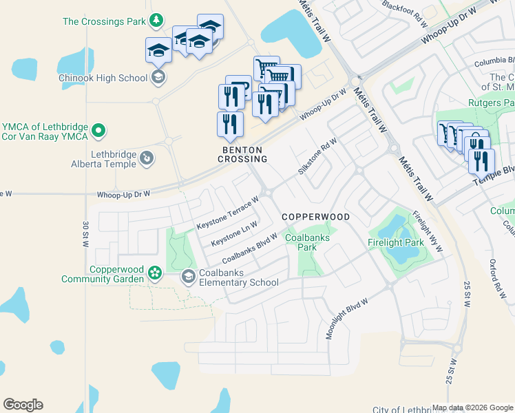 map of restaurants, bars, coffee shops, grocery stores, and more near 9 Coalbanks Gate West in Lethbridge