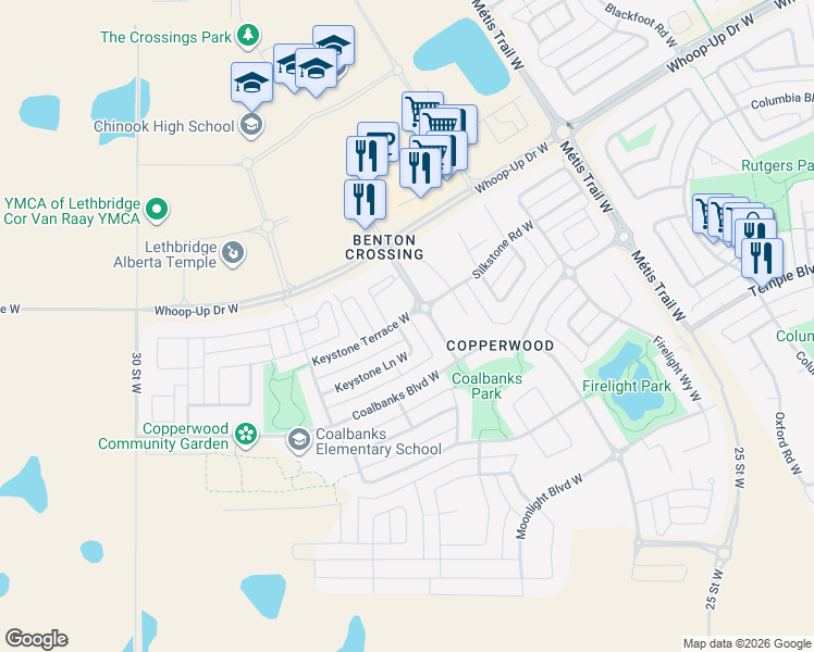 map of restaurants, bars, coffee shops, grocery stores, and more near 9 Coalbanks Gate West in Lethbridge