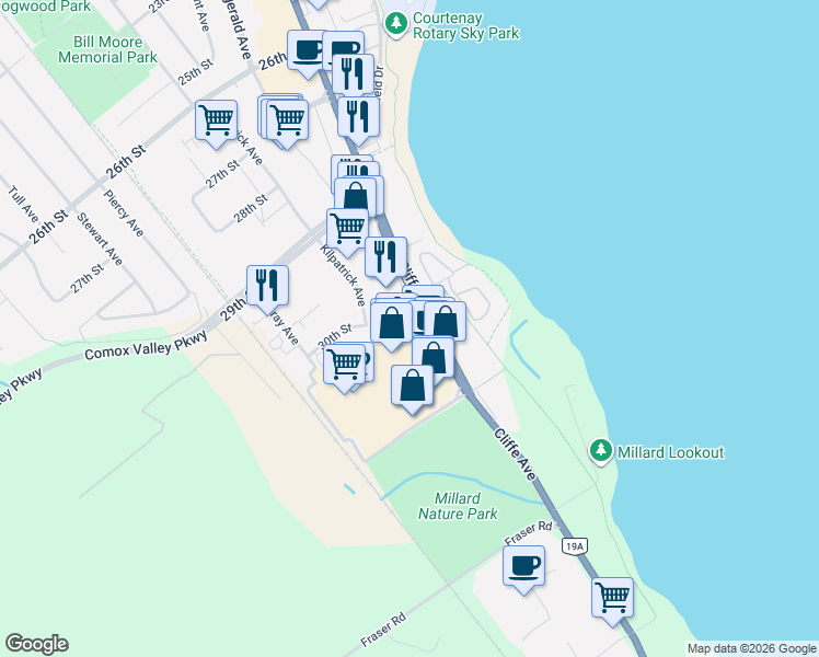 map of restaurants, bars, coffee shops, grocery stores, and more near in Courtenay