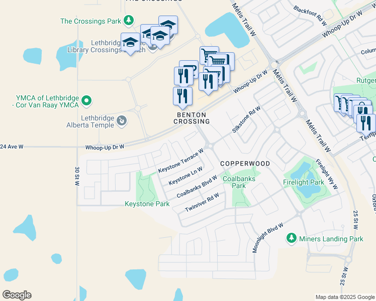 map of restaurants, bars, coffee shops, grocery stores, and more near 43 Keystone Terrace West in Lethbridge