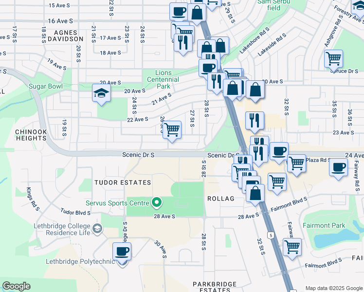 map of restaurants, bars, coffee shops, grocery stores, and more near 2702 23 Avenue South in Lethbridge