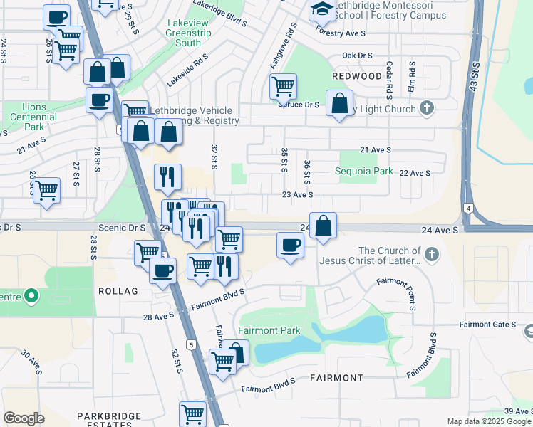 map of restaurants, bars, coffee shops, grocery stores, and more near 3440 23 Avenue South in Lethbridge