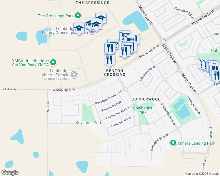 map of restaurants, bars, coffee shops, grocery stores, and more near 45 Keystone Terrace West in Lethbridge