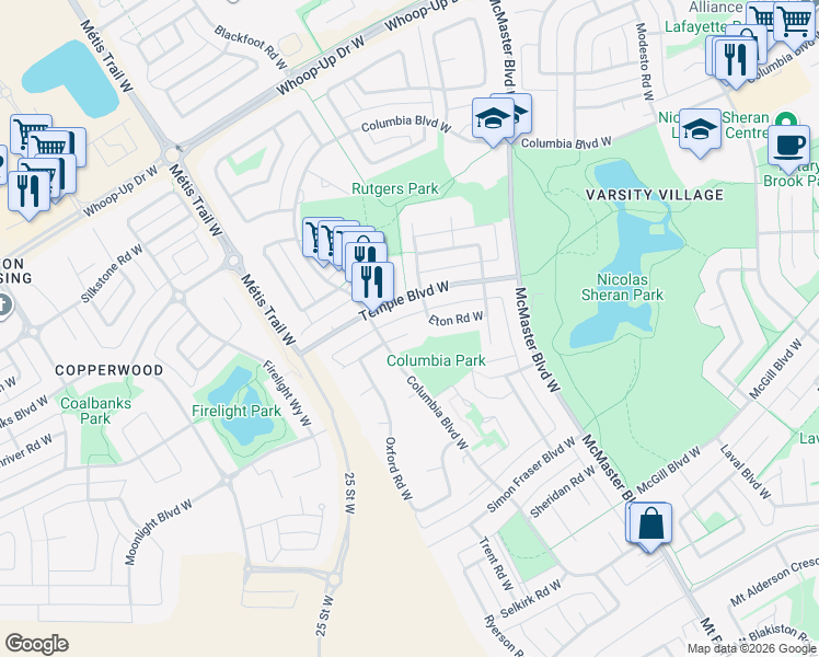 map of restaurants, bars, coffee shops, grocery stores, and more near 18 Oxford Place West in Lethbridge
