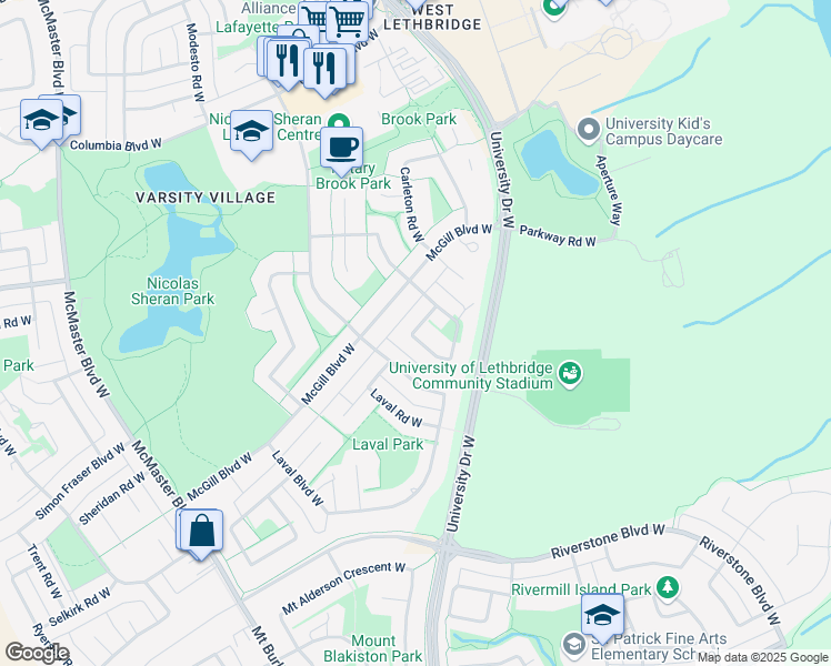 map of restaurants, bars, coffee shops, grocery stores, and more near Dalhousie Court West in Lethbridge
