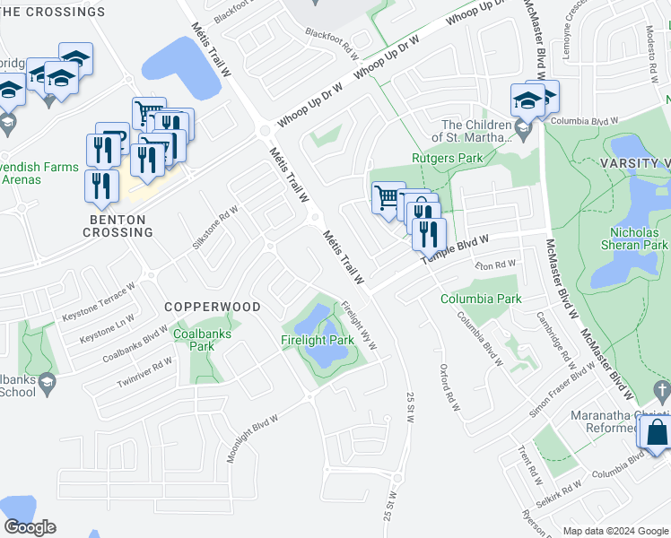 map of restaurants, bars, coffee shops, grocery stores, and more near 424 Firelight Point West in Lethbridge