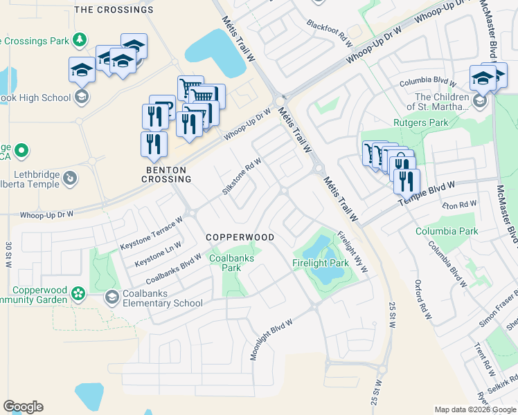 map of restaurants, bars, coffee shops, grocery stores, and more near 29 Coalbanks Link West in Lethbridge
