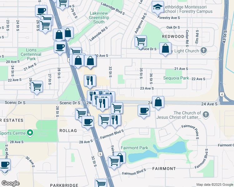 map of restaurants, bars, coffee shops, grocery stores, and more near 3210 23 Avenue South in Lethbridge