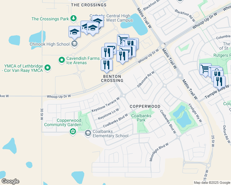 map of restaurants, bars, coffee shops, grocery stores, and more near 9 Coalbanks Gate West in Lethbridge