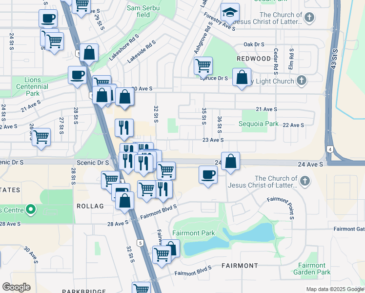 map of restaurants, bars, coffee shops, grocery stores, and more near 3410 23 Avenue South in Lethbridge