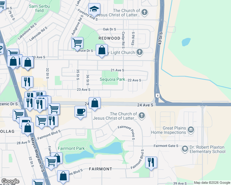 map of restaurants, bars, coffee shops, grocery stores, and more near 3910 23 Avenue South in Lethbridge