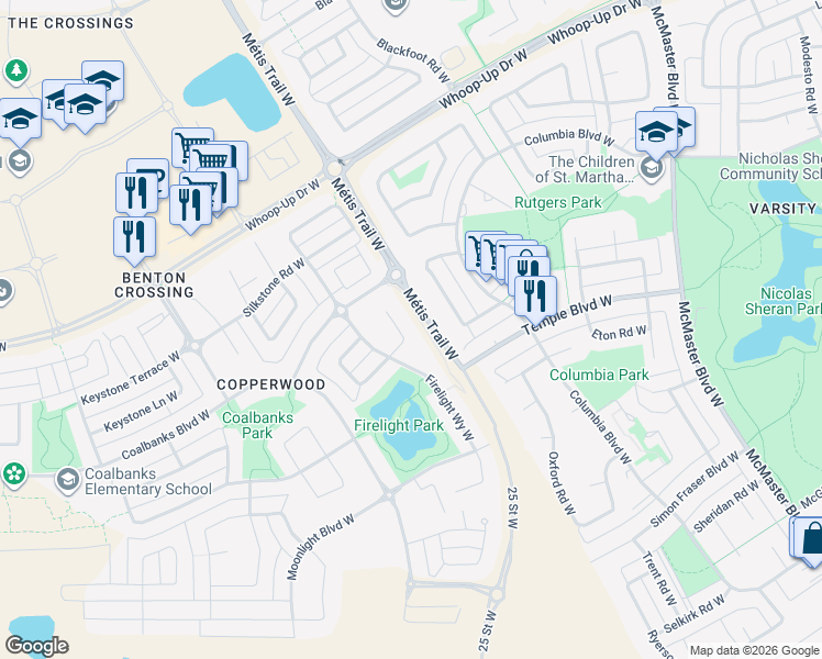 map of restaurants, bars, coffee shops, grocery stores, and more near 424 Firelight Point West in Lethbridge