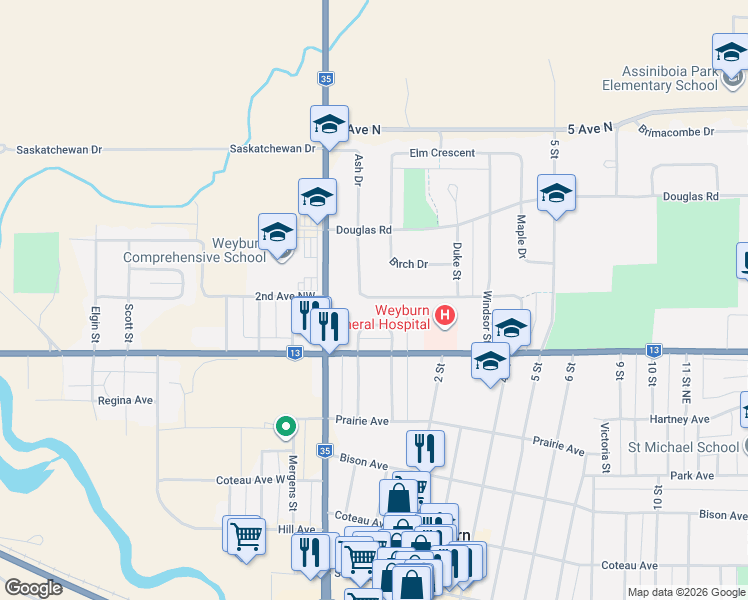 map of restaurants, bars, coffee shops, grocery stores, and more near 537 Highfield Crescent in Weyburn