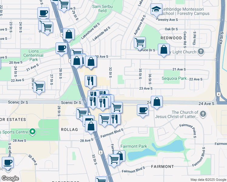 map of restaurants, bars, coffee shops, grocery stores, and more near 3210 23 Avenue South in Lethbridge