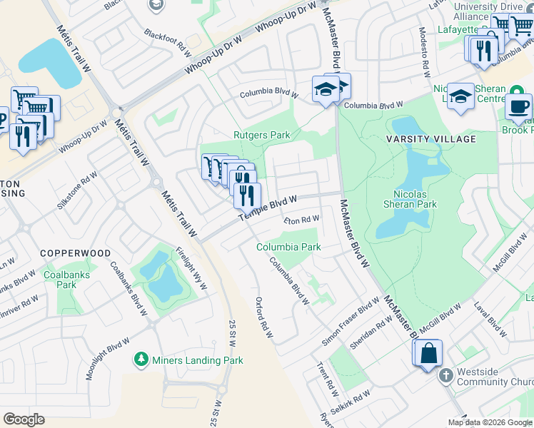 map of restaurants, bars, coffee shops, grocery stores, and more near 74 Temple Boulevard West in Lethbridge