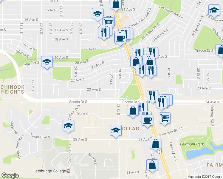 map of restaurants, bars, coffee shops, grocery stores, and more near 2702 23 Avenue South in Lethbridge