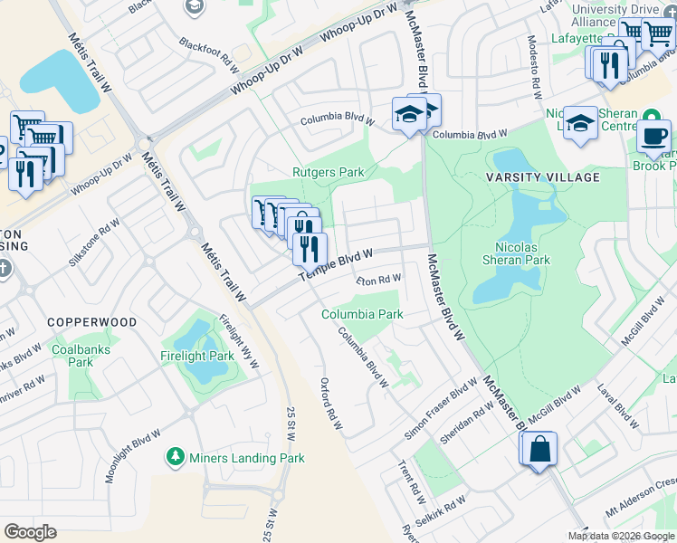 map of restaurants, bars, coffee shops, grocery stores, and more near 70 Temple Boulevard West in Lethbridge