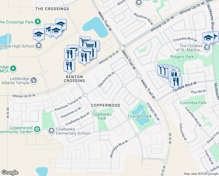 map of restaurants, bars, coffee shops, grocery stores, and more near 29 Coalbanks Link West in Lethbridge