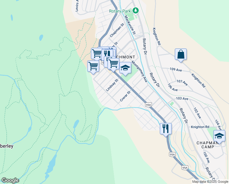 map of restaurants, bars, coffee shops, grocery stores, and more near 219 Higgins Street in Kimberley