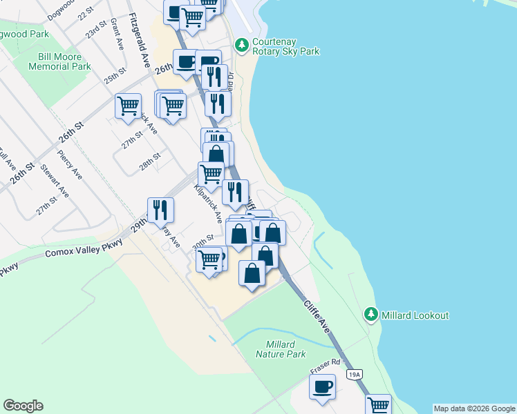 map of restaurants, bars, coffee shops, grocery stores, and more near 202 31st Street in Courtenay