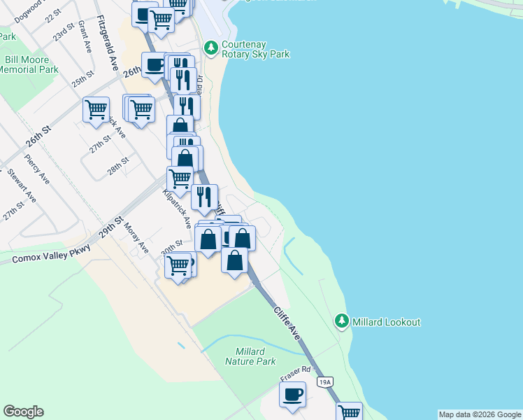 map of restaurants, bars, coffee shops, grocery stores, and more near 199 31st Street in Courtenay