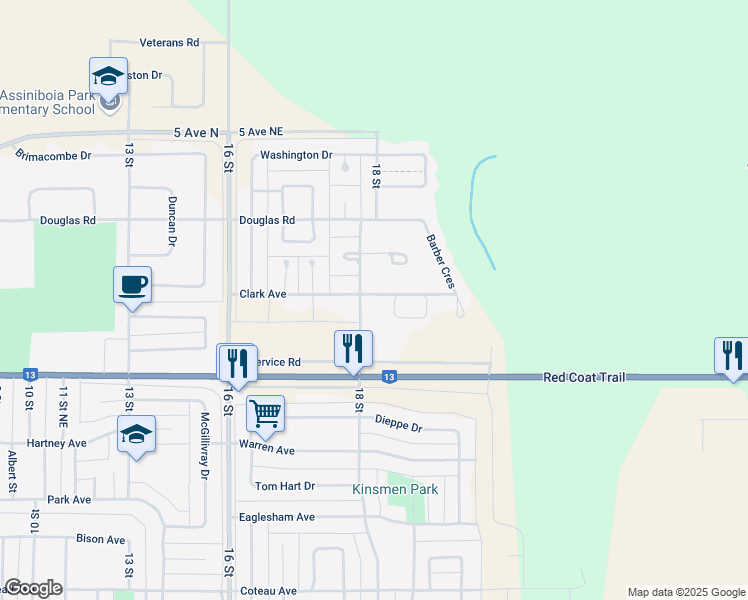 map of restaurants, bars, coffee shops, grocery stores, and more near 602 Barber Crescent in Weyburn