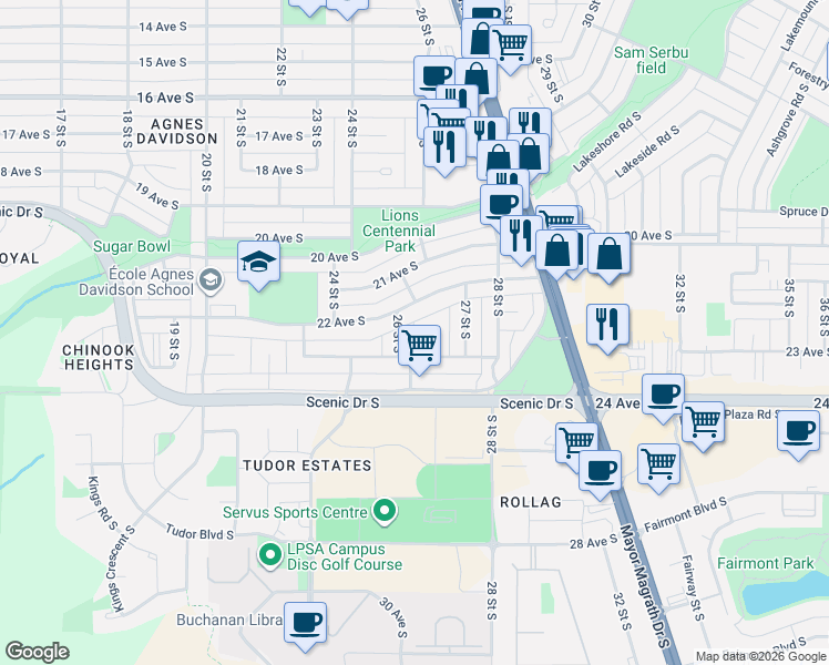 map of restaurants, bars, coffee shops, grocery stores, and more near 2614 22 Avenue South in Lethbridge