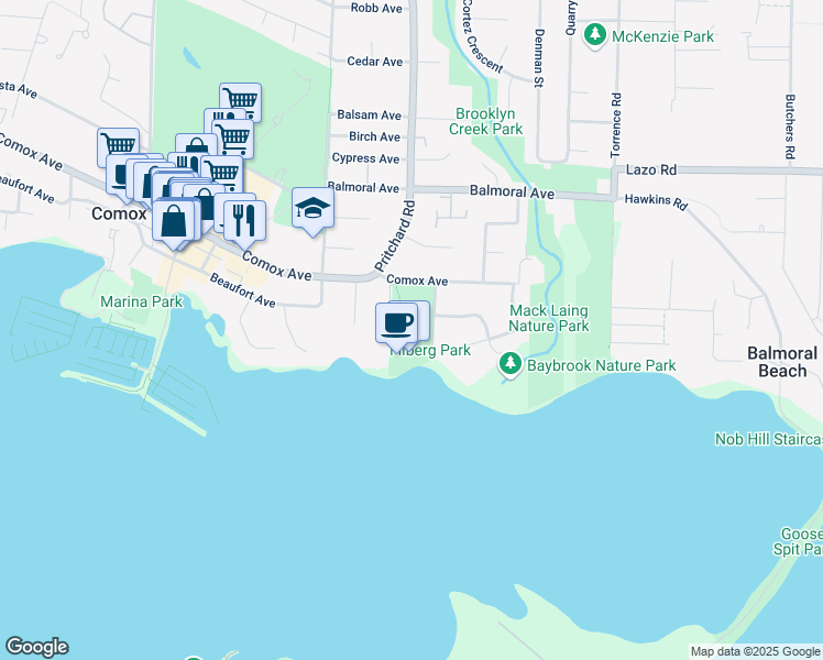 map of restaurants, bars, coffee shops, grocery stores, and more near 61 Filberg Road in Comox
