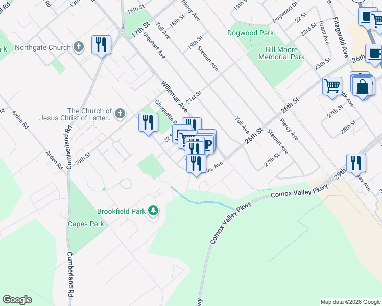 map of restaurants, bars, coffee shops, grocery stores, and more near 2351B Rosewall Crescent in Courtenay