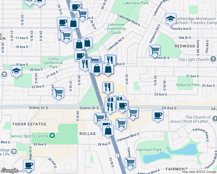 map of restaurants, bars, coffee shops, grocery stores, and more near 2053 Mayor Magrath Drive South in Lethbridge