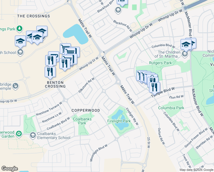 map of restaurants, bars, coffee shops, grocery stores, and more near 241 Silkstone Road West in Lethbridge