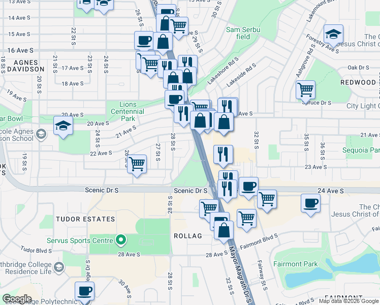 map of restaurants, bars, coffee shops, grocery stores, and more near 2216 Mayor Magrath Drive South in Lethbridge