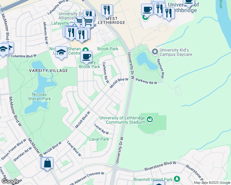map of restaurants, bars, coffee shops, grocery stores, and more near 10 Brock Place West in Lethbridge