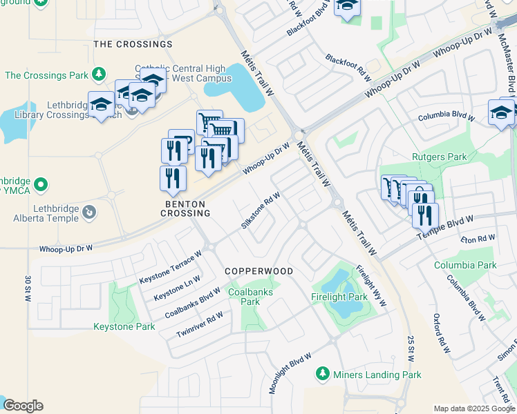 map of restaurants, bars, coffee shops, grocery stores, and more near 602 Silkstone Point West in Lethbridge