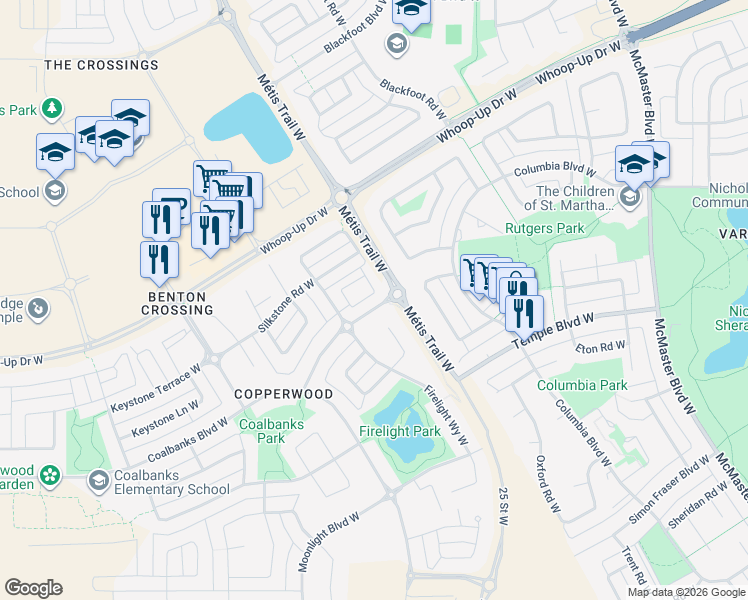 map of restaurants, bars, coffee shops, grocery stores, and more near 213 Silkstone Road West in Lethbridge