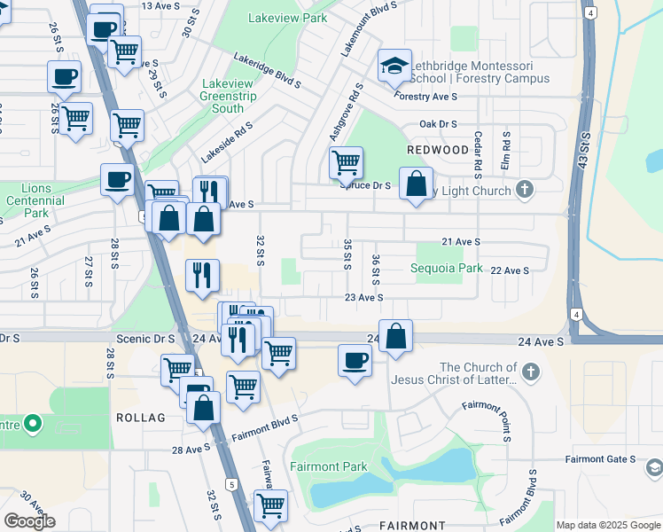 map of restaurants, bars, coffee shops, grocery stores, and more near 2172 Palm Road South in Lethbridge