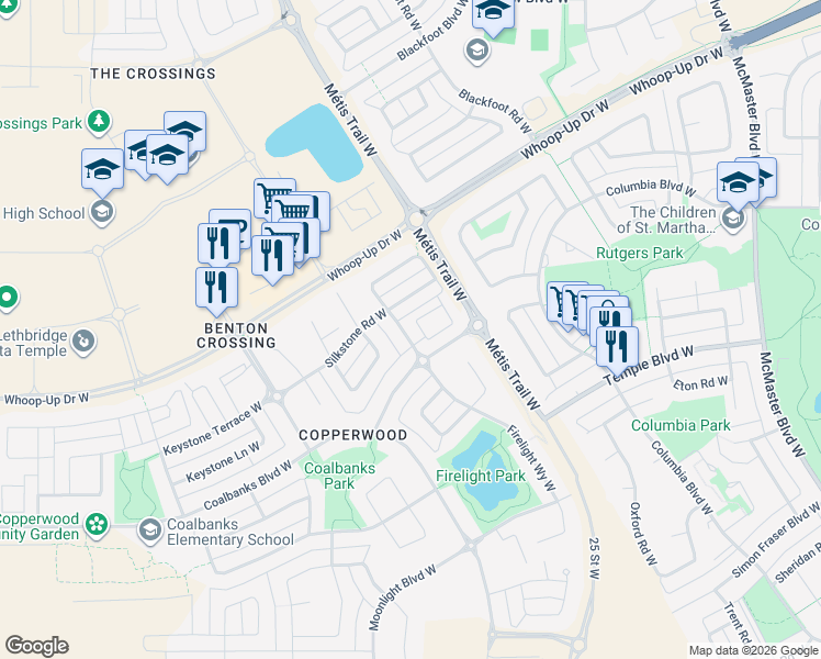 map of restaurants, bars, coffee shops, grocery stores, and more near 241 Silkstone Road West in Lethbridge