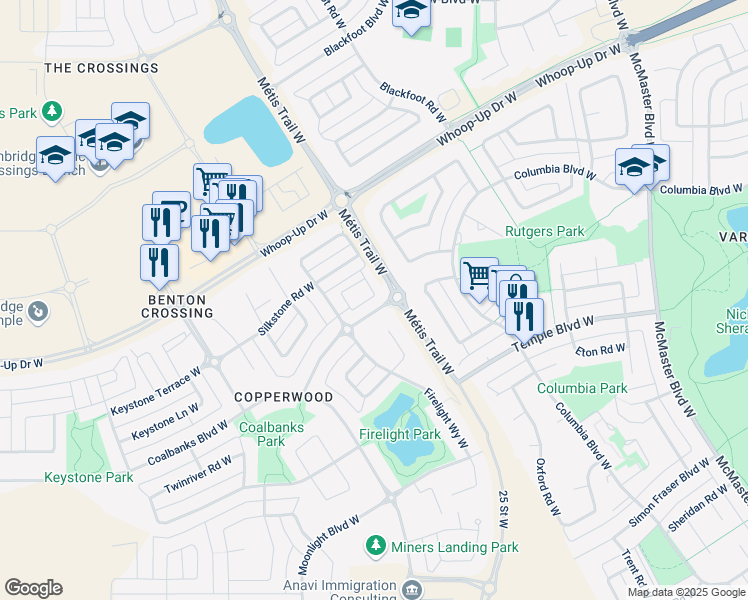 map of restaurants, bars, coffee shops, grocery stores, and more near 213 Silkstone Road West in Lethbridge