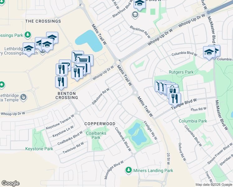 map of restaurants, bars, coffee shops, grocery stores, and more near 241 Silkstone Road West in Lethbridge
