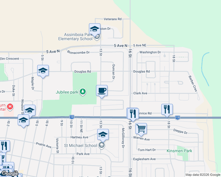 map of restaurants, bars, coffee shops, grocery stores, and more near 609 Brimacombe Drive in Weyburn